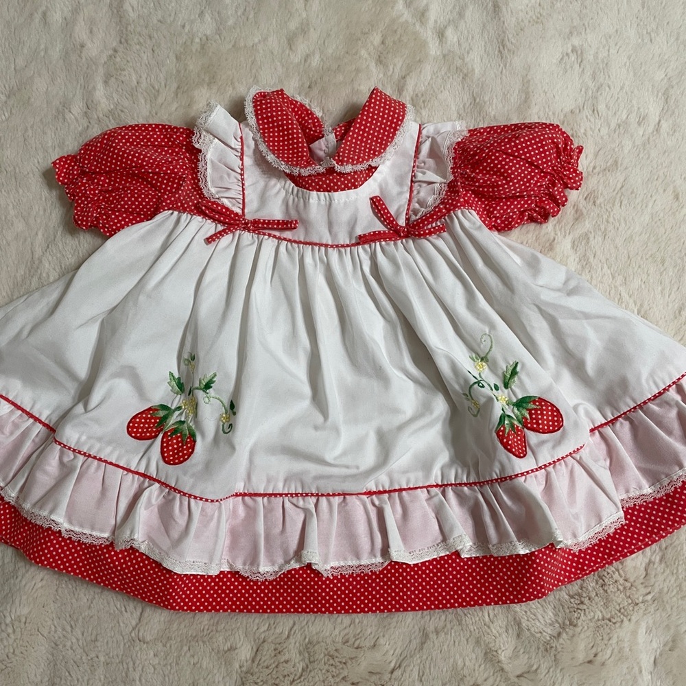 Vintage Red Polka Dot Baby Dress with White Trim and strawberries